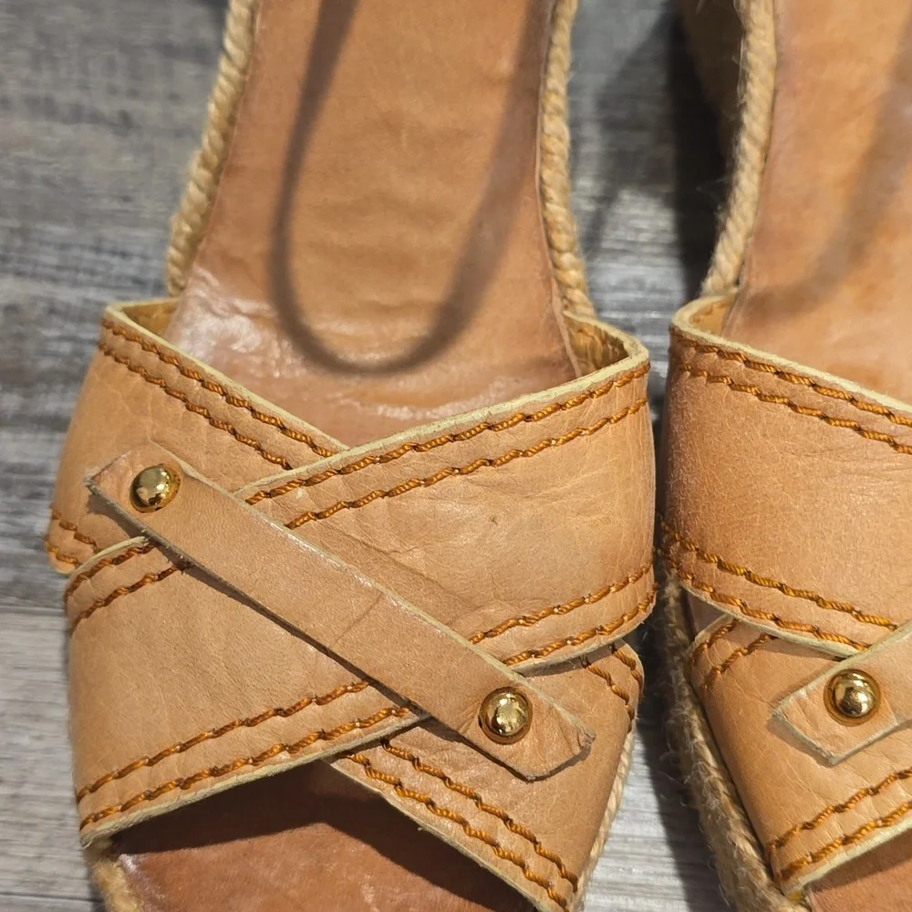 Apepazza Tan Suede‎ Espadrilles Leather Wedge Sandals Size 8.5
